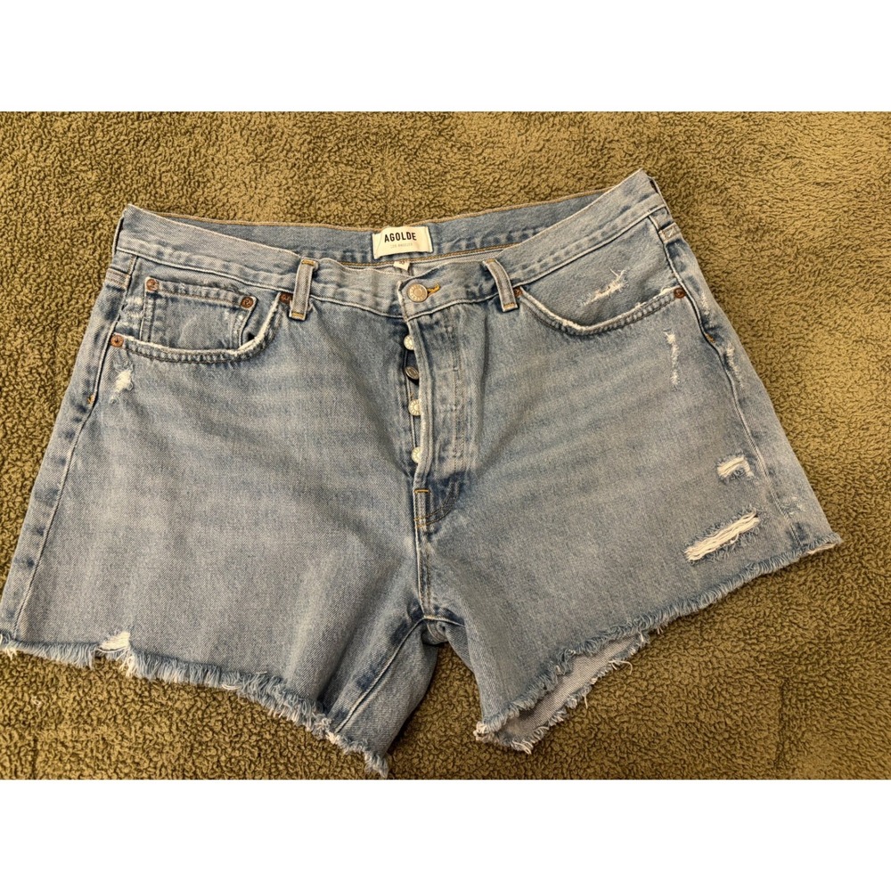 AGOLDE Parker Long High Rise Distressed Denim Shorts Cut Offs Light Wash 33